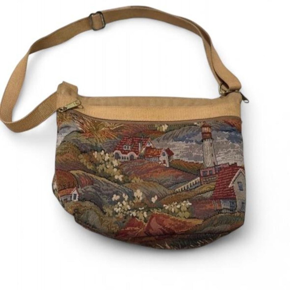 My Maine Bag Vintage Tapestry Crossbody Purse Lighthouse Coastal Cottagecore Tan